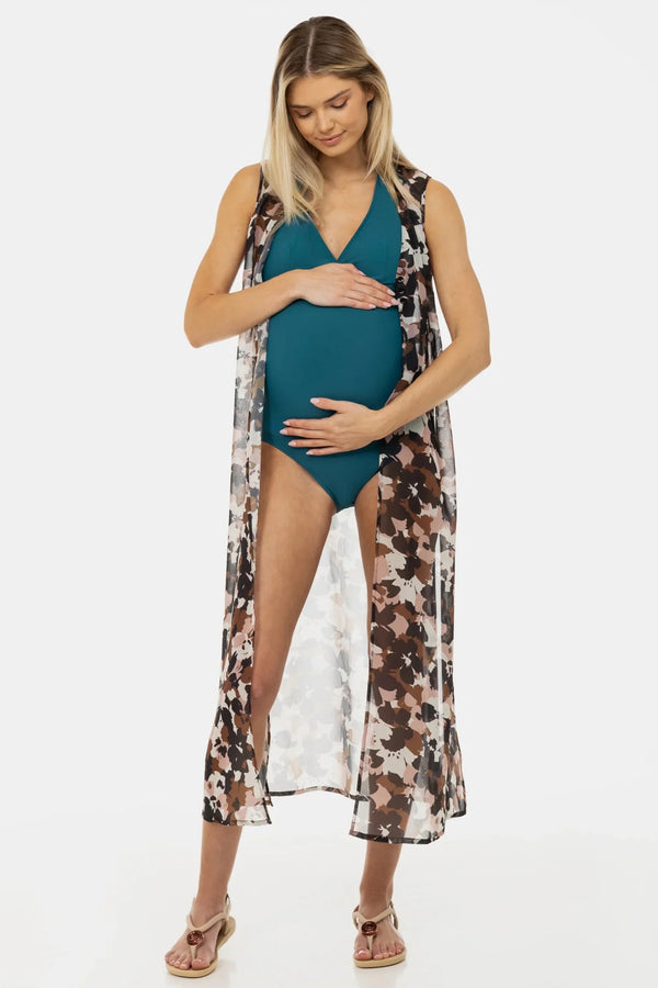 Těhotenský kaftan ze šifonu s květinovým vzorem