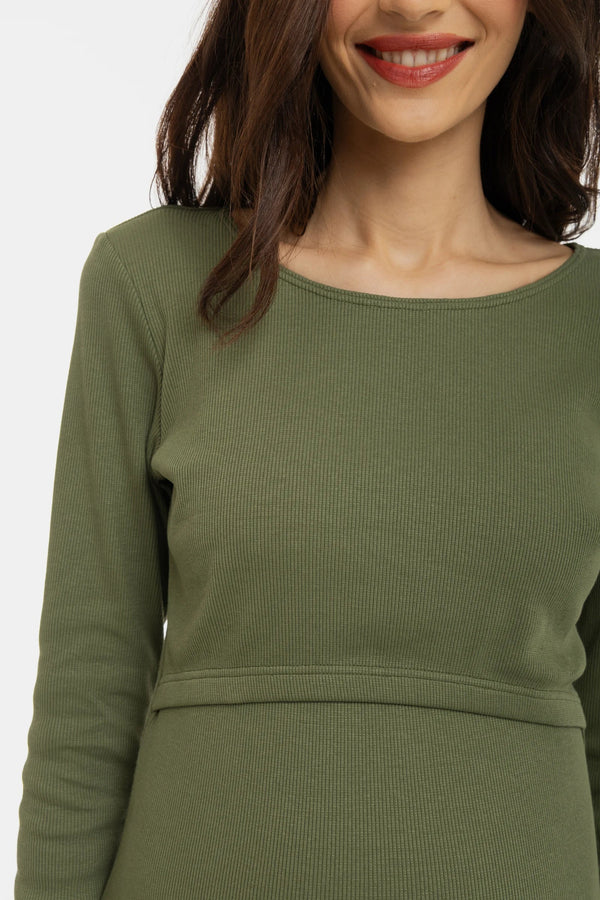 Žebrované bavlněné těhotenské a kojicí šaty - olivově zelená