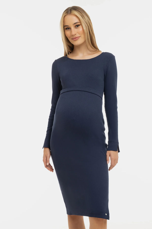 Bavlněné žebrované těhotenské a kojící šaty v tmavě modré