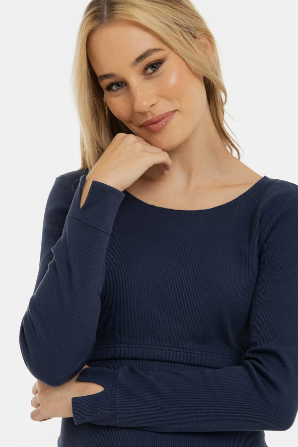 Bavlněné žebrované těhotenské a kojící šaty v tmavě modré