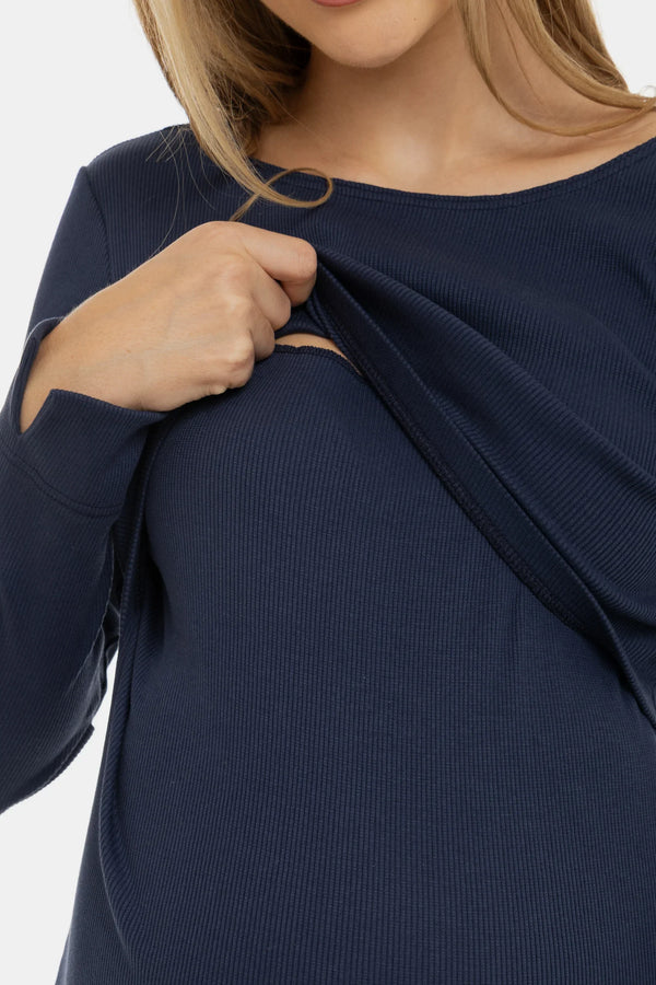 Bavlněné žebrované těhotenské a kojící šaty v tmavě modré