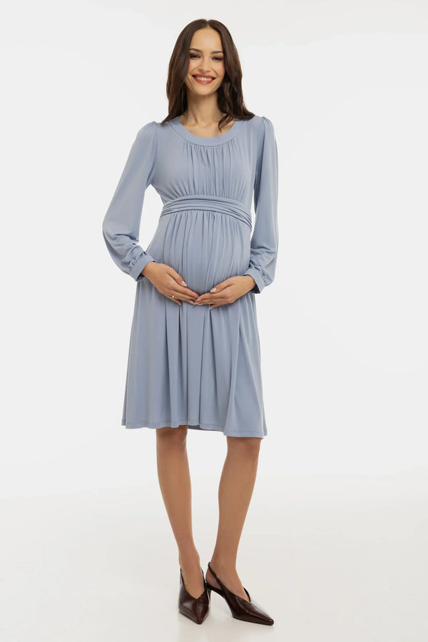 Elegantní těhotenské šaty s nabíráním - pastelově modré