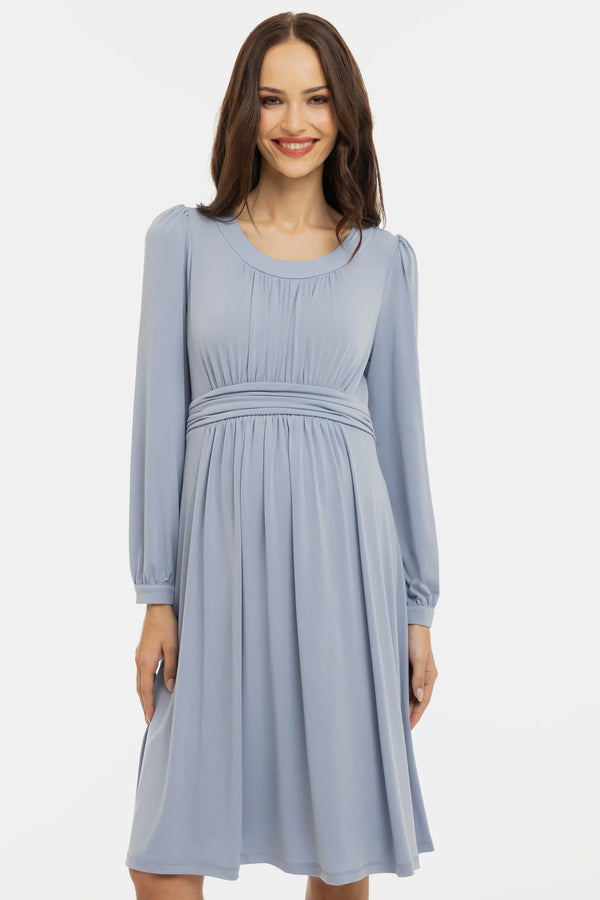 Elegantní těhotenské šaty s nabíráním - pastelově modré