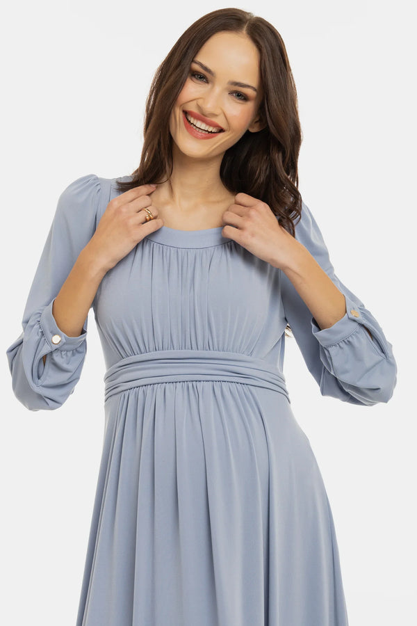 Elegantní těhotenské šaty s nabíráním - pastelově modré
