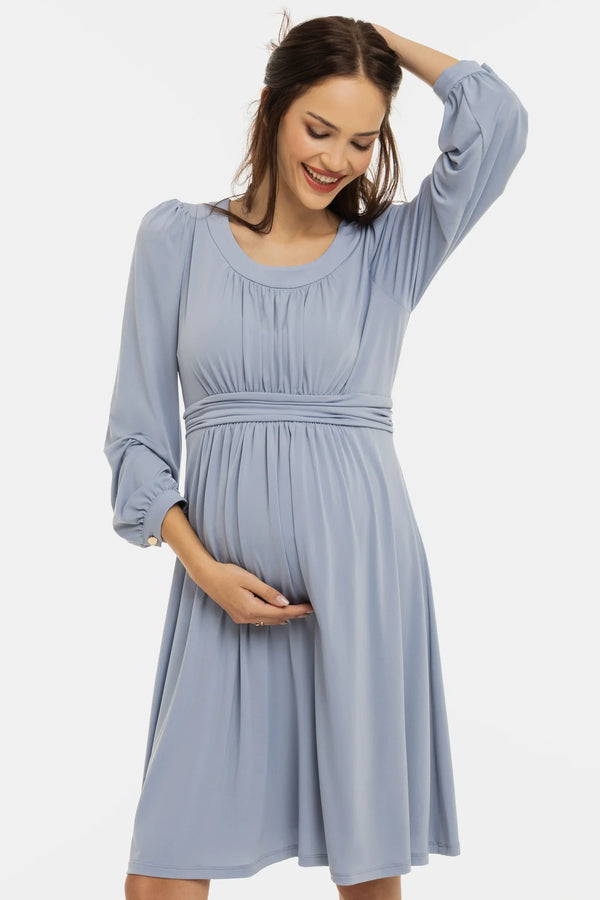 Elegantní těhotenské šaty s nabíráním - pastelově modré