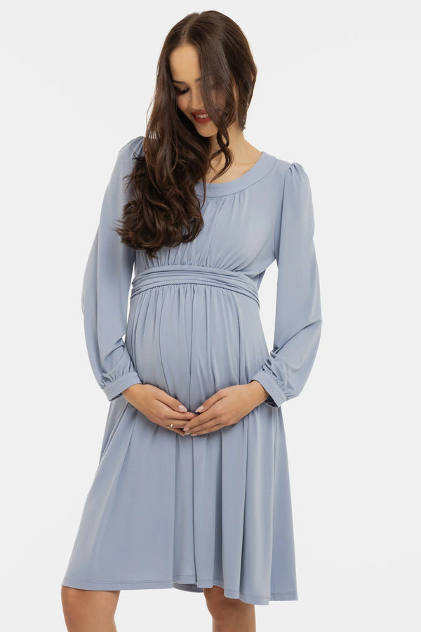 Elegantní těhotenské šaty s nabíráním - pastelově modré