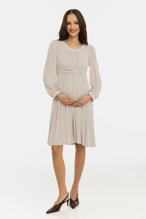 Elegantní těhotenské šaty s nabíráním - béžové