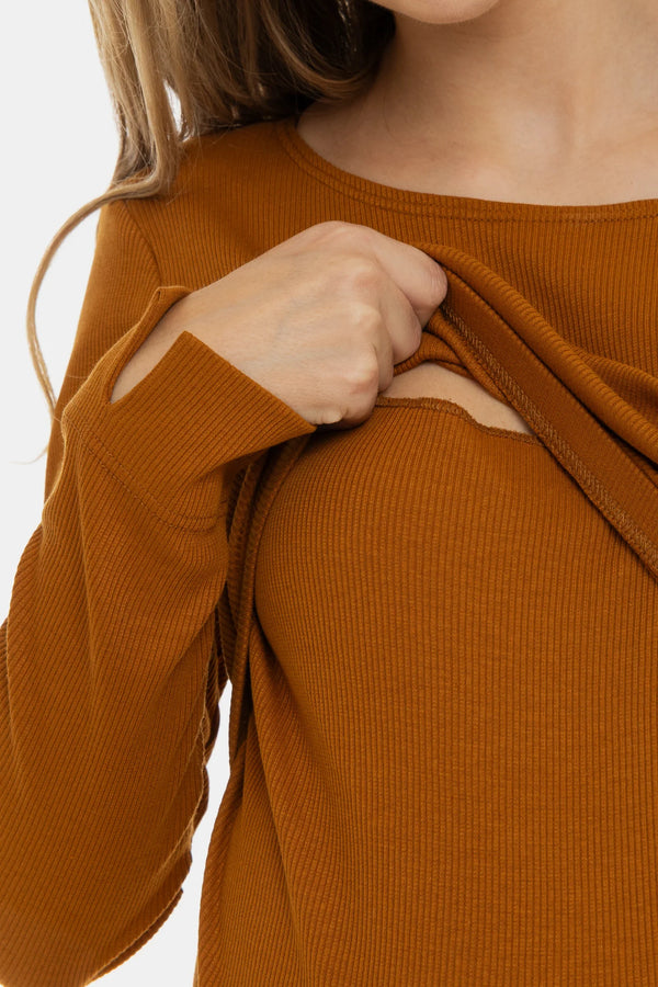 Žebrované bavlněné těhotenské a kojicí šaty - karamel