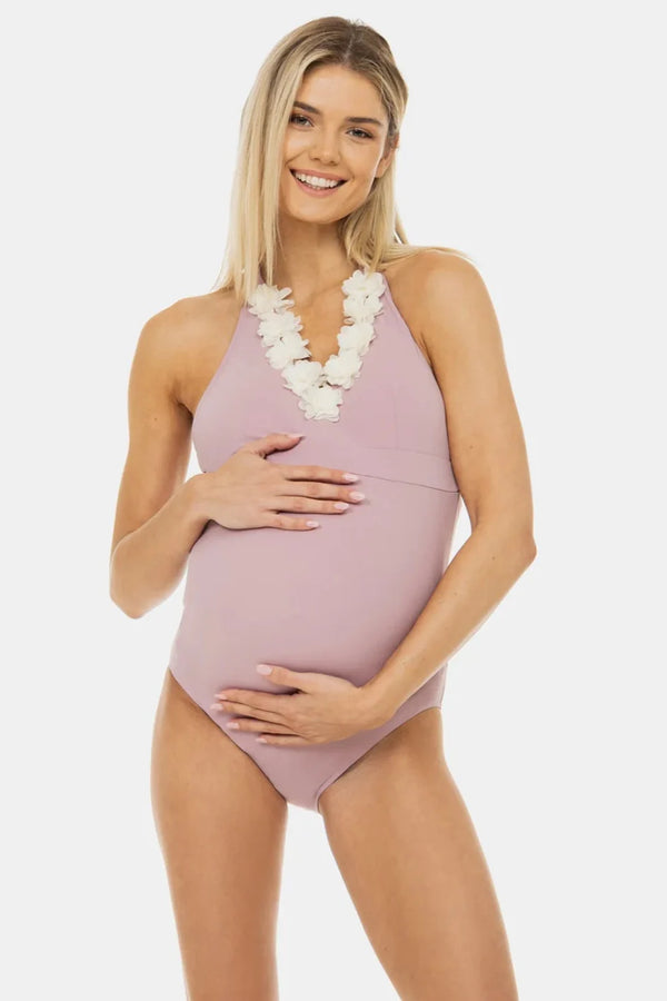 Šifonové květinové těhotenské plavky v práškové barvě