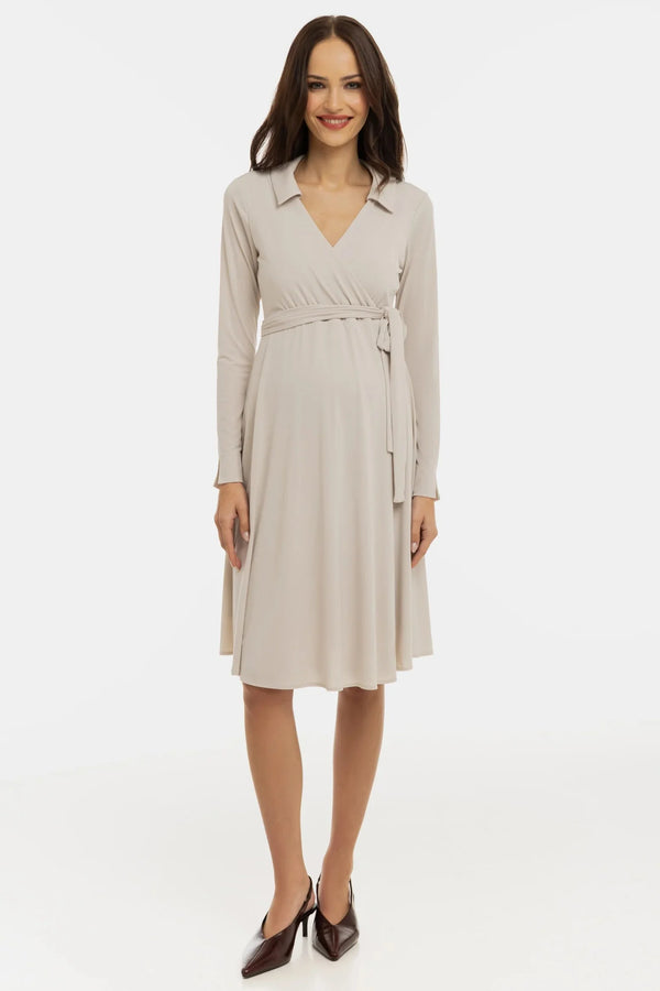 Vzdušné těhotenské a kojicí šaty s překříženým předním dílem – béžové