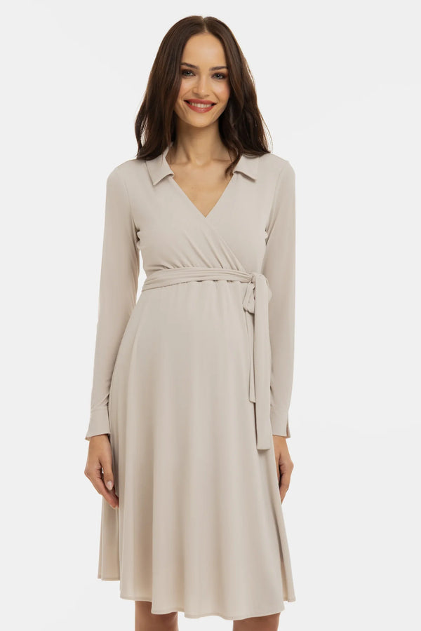 Vzdušné těhotenské a kojicí šaty s překříženým předním dílem – béžové