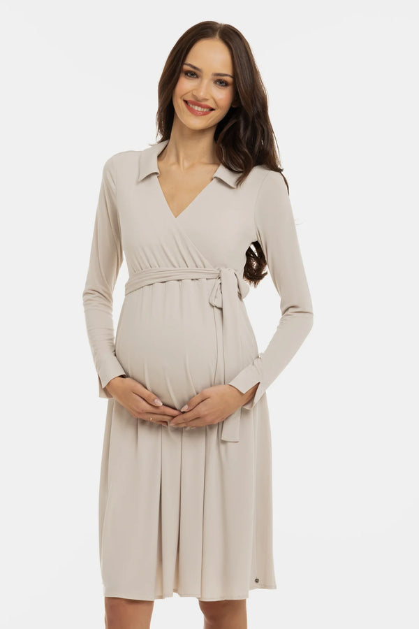 Vzdušné těhotenské a kojicí šaty s překříženým předním dílem – béžové