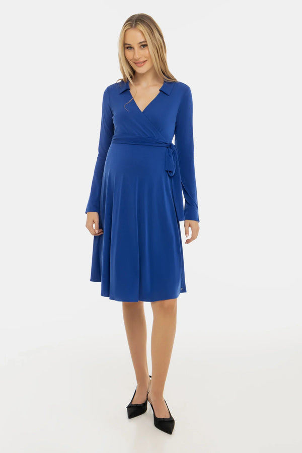 Vzdušné těhotenské a kojicí šaty s překříženým předním dílem – modré
