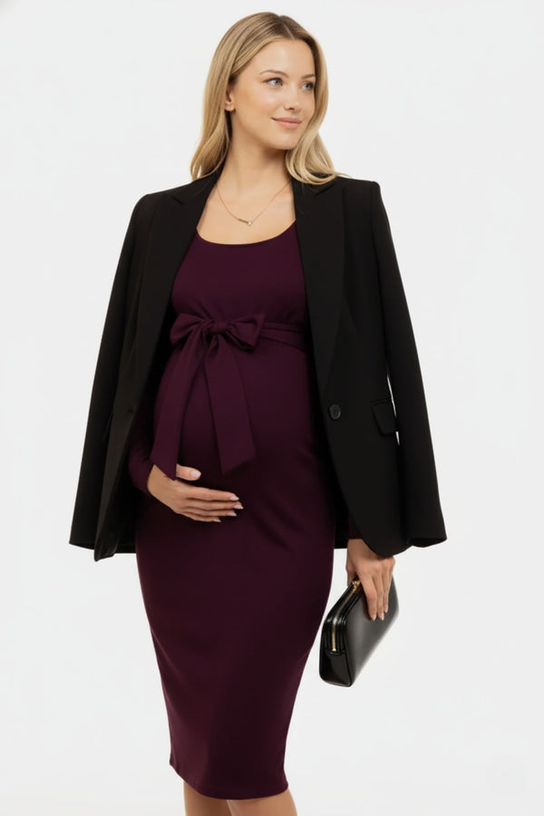 Elegantní dlouhé těhotenské šaty se širokým páskem v barvě bordó