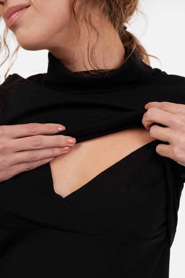 Černé těhotenské a kojicí šaty s rolákem