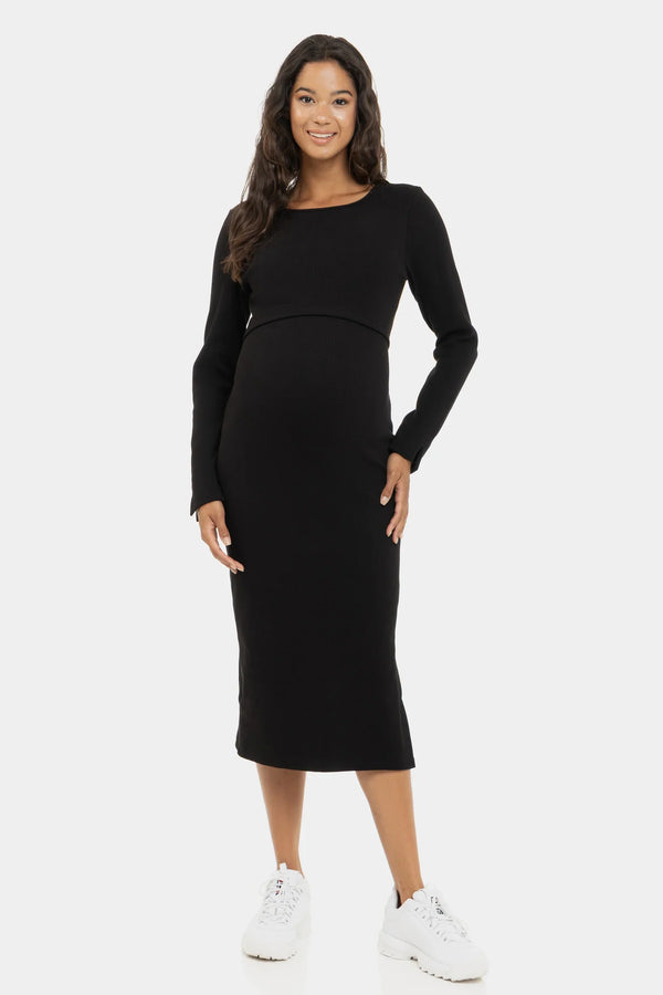 Žebrované bavlněné těhotenské a kojicí šaty - černé