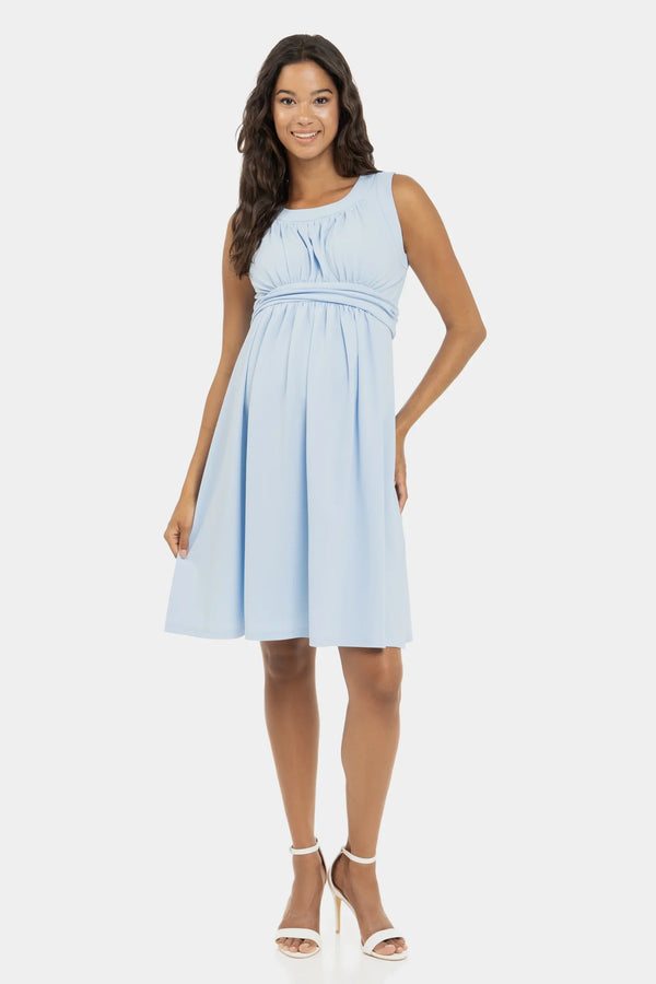 Elegantní těhotenské šaty s nabíráním ve světle modré