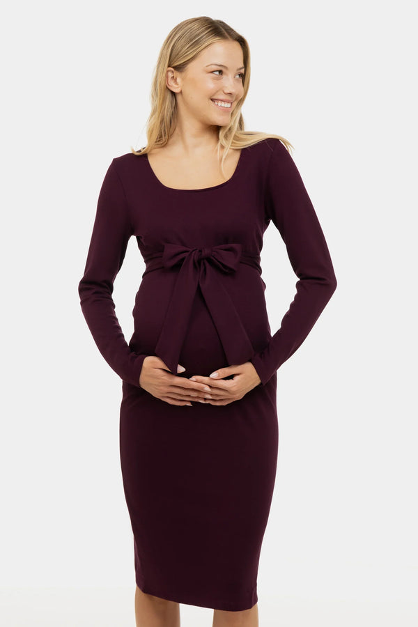 Elegantní dlouhé těhotenské šaty se širokým páskem v barvě bordó