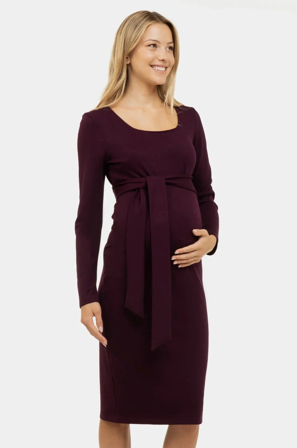 Elegantní dlouhé těhotenské šaty se širokým páskem v barvě bordó