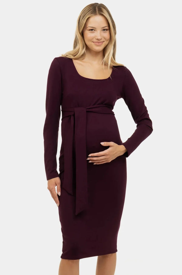 Elegantní dlouhé těhotenské šaty se širokým páskem v barvě bordó