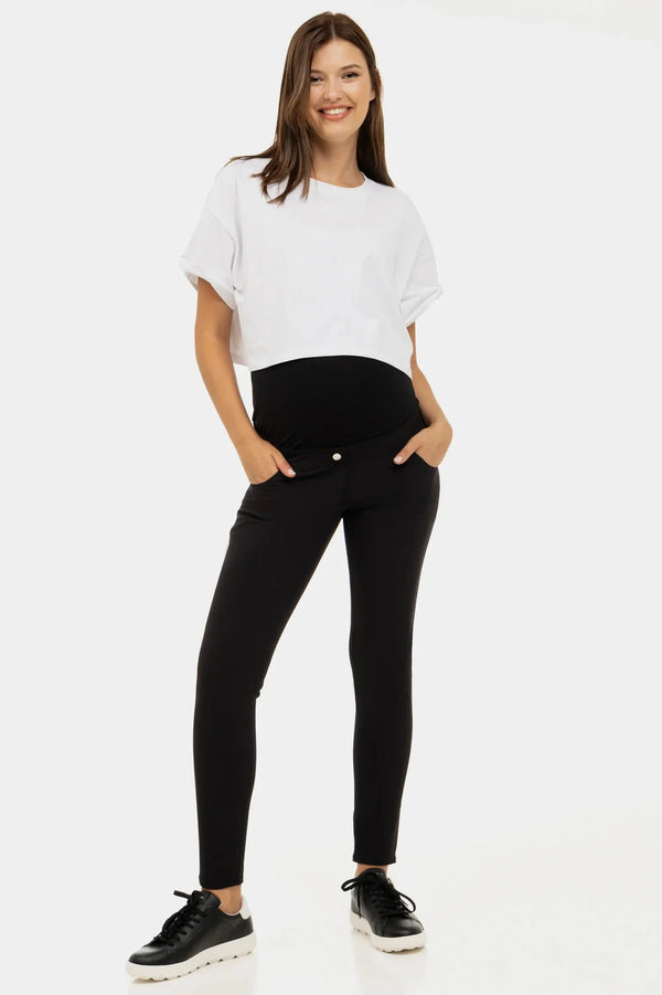 Vypasované elastické těhotenské kalhoty - černé