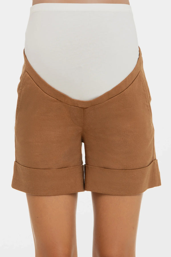 Těhotenské šortky z lnu – karamelové