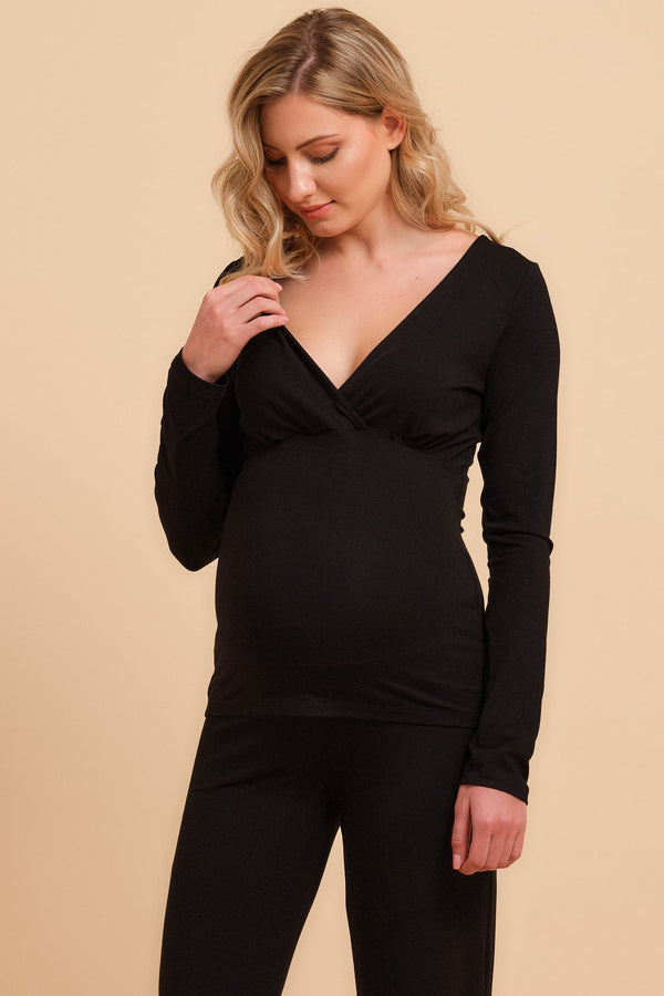 Bavlněné těhotenské a kojící pyžamo v černé