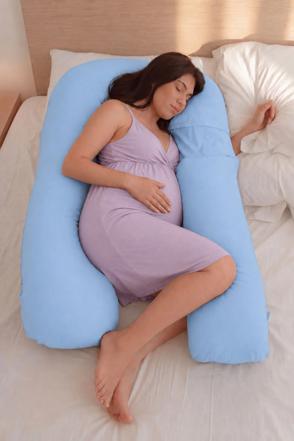 U shaped blue pregnancy pillow
