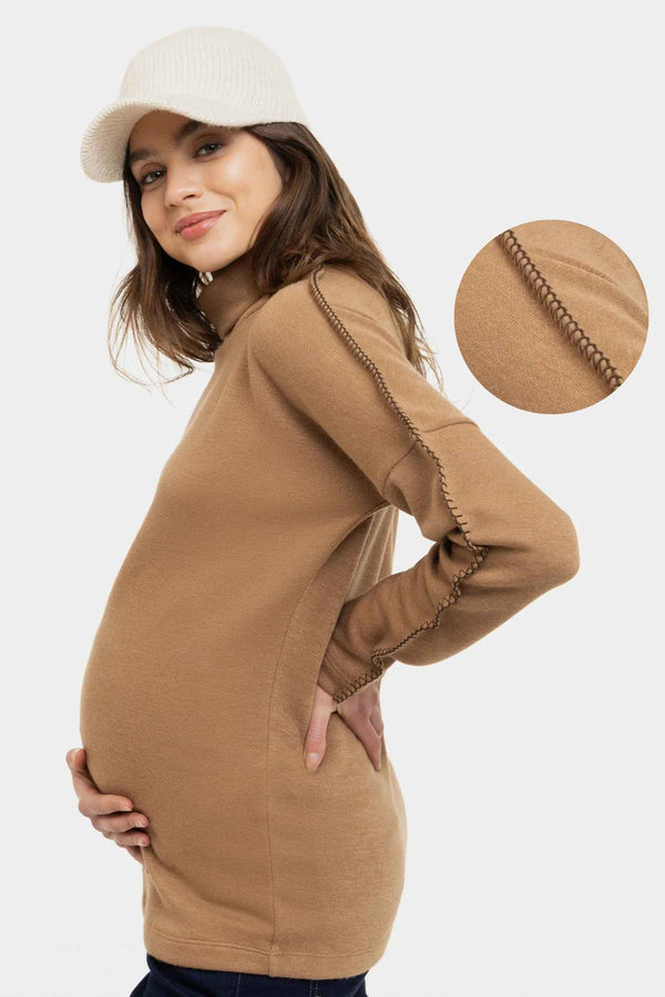 Béžový pletený těhotenský svetr s ozdobným prošíváním