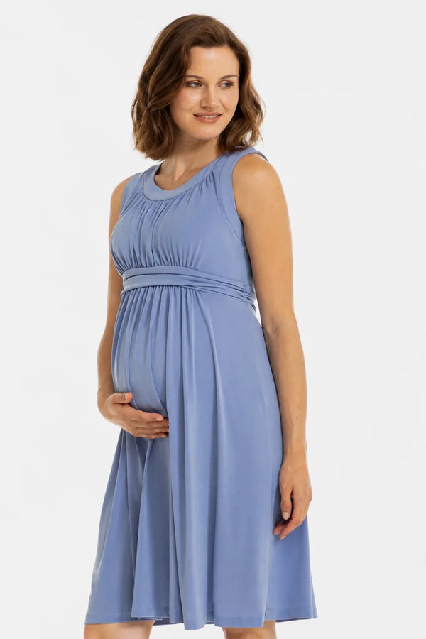 Elegantní těhotenské šaty s řaseným páskem – modré