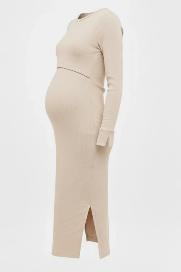 Žebrované bavlněné těhotenské a kojicí šaty - béžové