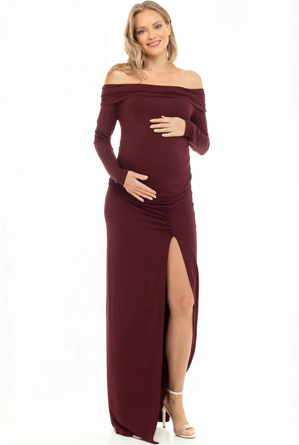 Dlouhé těhotenské šaty s odhalenými rameny - bordó