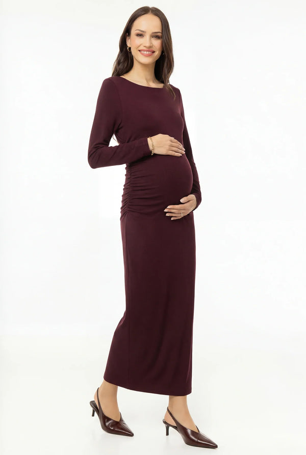 Elegantní dlouhé šaty s řasením – bordó