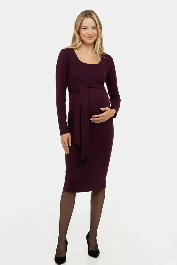 Elegantní dlouhé těhotenské šaty se širokým páskem v barvě bordó