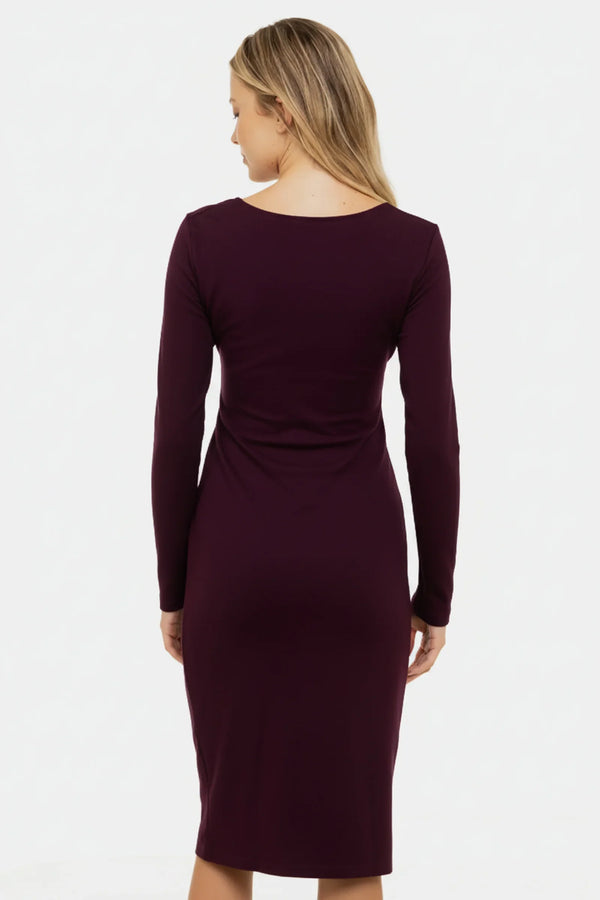 Elegantní dlouhé těhotenské šaty se širokým páskem v barvě bordó