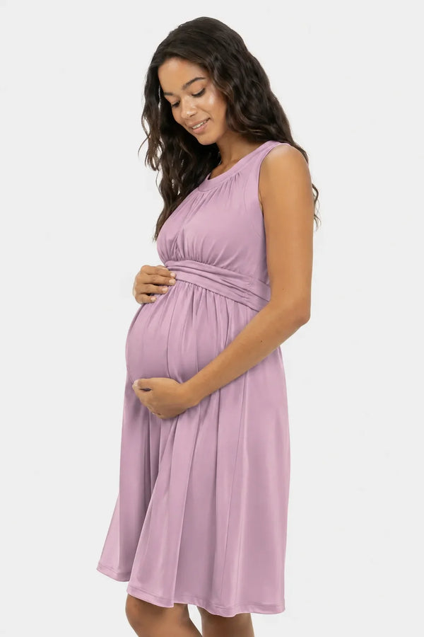 Elegantní těhotenské šaty s řaseným páskem – růžové
