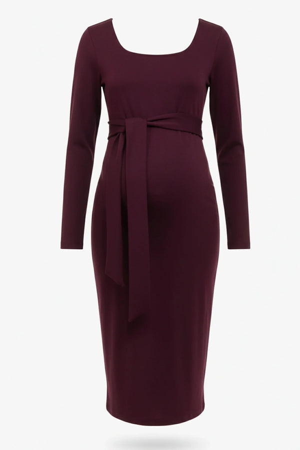 Elegantní dlouhé těhotenské šaty se širokým páskem v barvě bordó