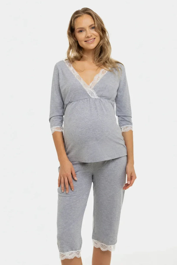 Šedé bavlněné těhotenské a kojící pyžamo s krajkou