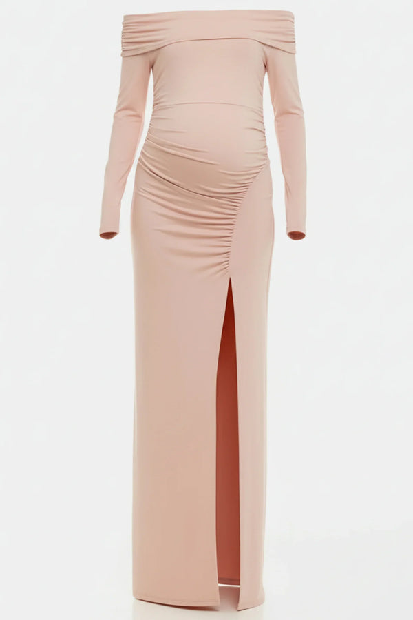 Dlouhé těhotenské šaty s odhalenými rameny - pudrové