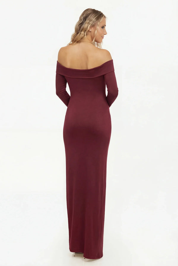 Dlouhé těhotenské šaty s odhalenými rameny - bordó