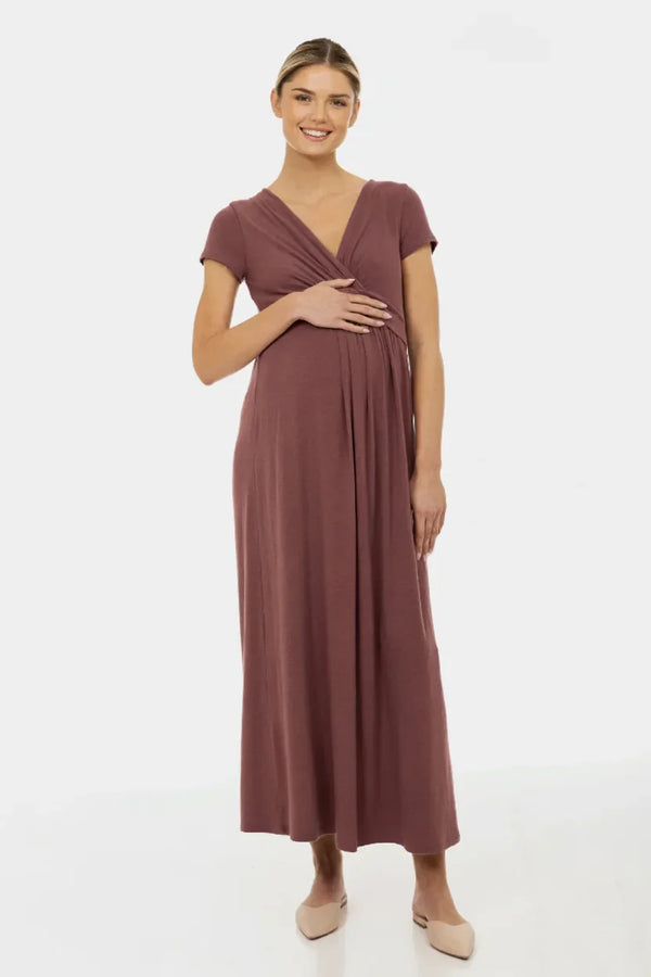 Těhotenské a kojící šaty s dekorativním páskem – starorůžová