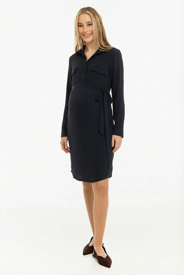 Elastické těhotenské a kojicí šaty s límečkem – tmavě modré