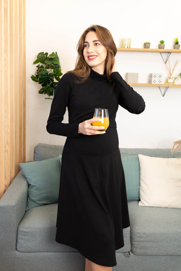 Černé těhotenské a kojicí šaty s rolákem