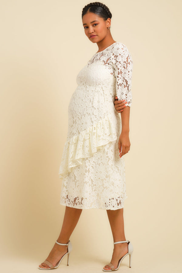 Dlouhé těhotenské krajkové šaty - ecru