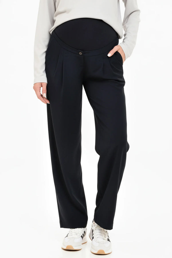 Elastické těhotenské rozevláté kalhoty s sklady – tmavě modré